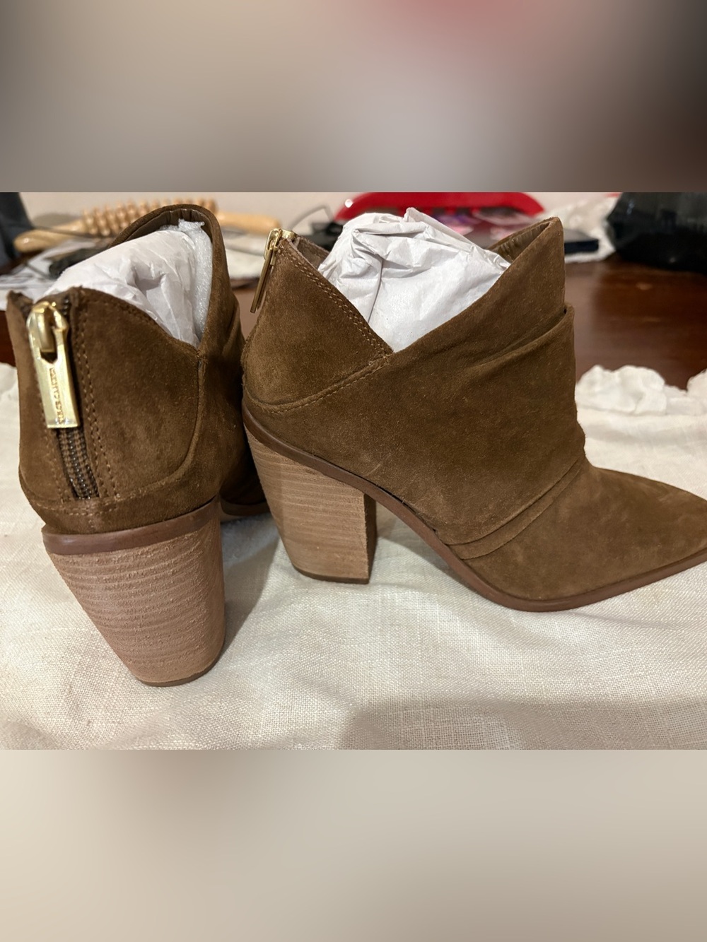 Vince Camuto Brown Suede Stacked Heel Ankle Booties